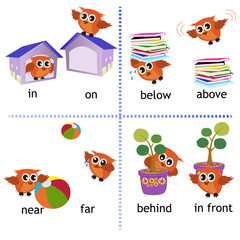 Preposition english grammar with Owl motion for preschool. vector illustration.