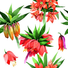 Wildflower Fritillaria imperialis flower pattern in a watercolor style. Full name of the plant: Fritillaria imperialis Aquarelle wild flower for background, texture, wrapper pattern, frame or border.