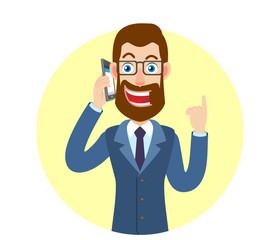 Hipster Businessman talking on mobile phone and pointing up