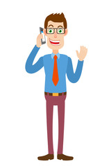 Businessman talking on mobile phone and raised a hand in greeting