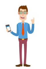 Businessman with mobile phone and pointing up