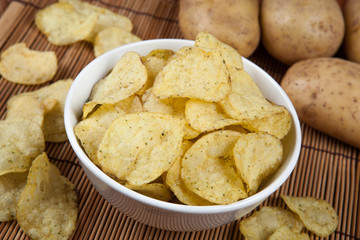 still life from a glass bowl with potato chips
