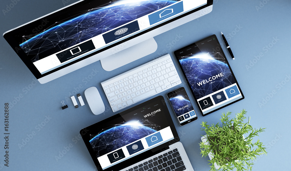 Wall mural top view blue devices home design communications website