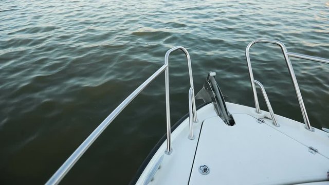 the View From the Nose of the Yacht or Boat. Yacht Cruising Through Ocean 4k