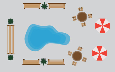 Set of vector wooden benches and treetop symbols. Collection for landscaping, top view, plan,