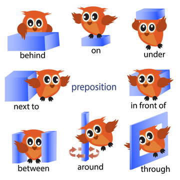preposition english grammar with Owl motion for preschool. vector illustration.