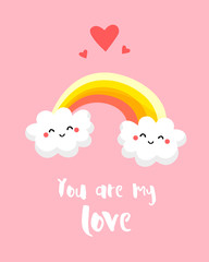 Love card with funny clouds and rainbow on pink background. You are my love. Comics style. Vector.