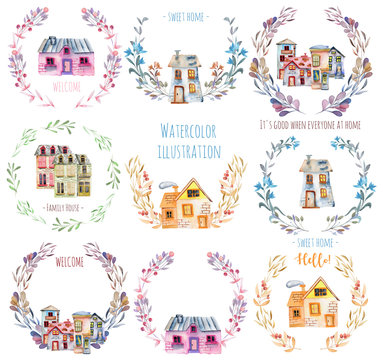 Set, collection of watercolor cartoon houses inside the floral wreaths, hand painted isolated on a white background, to create a logo, symbol, home decor etc