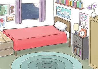 Bedroom with single bed and feminine decoration
