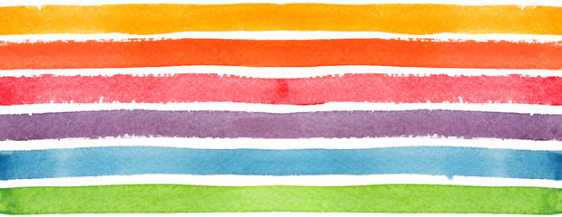 Seamless pattern with horizontal rainbow stripes painted in watercolor on white isolated background