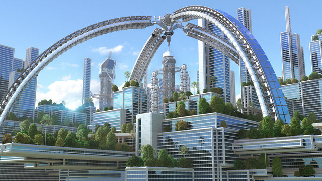 3D Illustration of a futuristic "green" city with an arched structure and high rise buildings with terraces covered in vegetation, for environmental architecture backgrounds. 