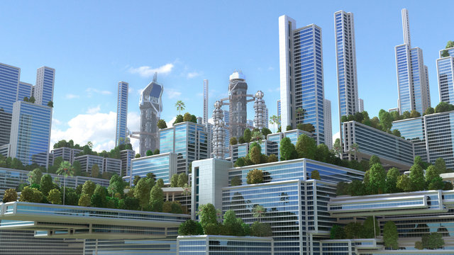 3D Illustration of a futuristic "green" city with high rise buildings and terraces covered in vegetation, for environmental architecture backgrounds. 