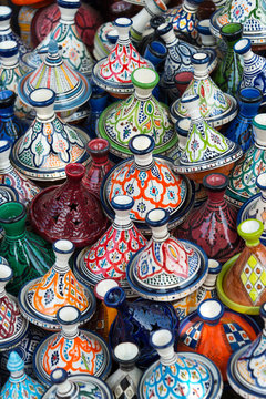selection of tagine pottery on market in morocco