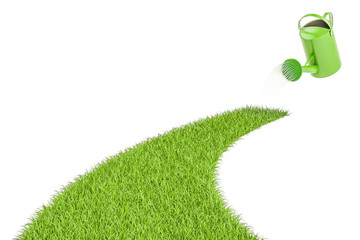 Watering can and grassy way, 3D rendering © alexlmx