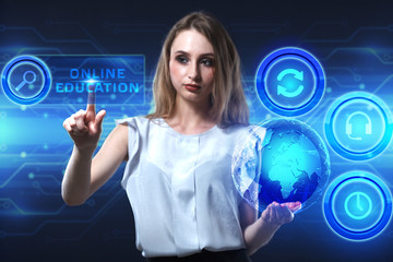 The concept of business, technology, the Internet and the network. A young entrepreneur working on a virtual screen of the future and sees the inscription: Online education