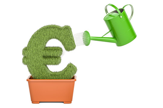 Watering can water grassy euro symbol. Money plant concept, 3D rendering