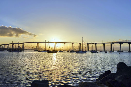 Shortly after sunrise, Coronado Bay bridge is bathed in golden light