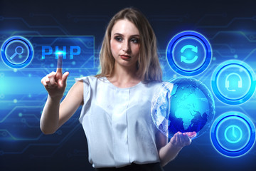 The concept of business, technology, the Internet and the network. A young entrepreneur working on a virtual screen of the future and sees the inscription: PHP