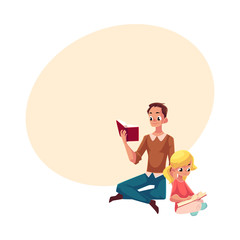 Young man and little girl reading books sitting legs crossed on the floor, cartoon vector illustration with space for text. Man and girl, father and daugther reading thick books, sitting