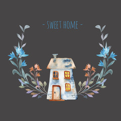 Watercolor cartoon private house with floral wreath in blue shades, hand painted isolated on a dark background