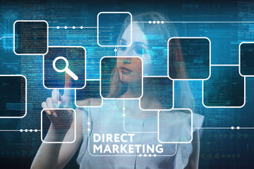 The concept of business, technology, the Internet and the network. A young entrepreneur working on a virtual screen of the future and sees the inscription: Direct marketing