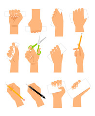 Hands with cards, pencil and scissirs