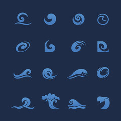 blue water waves icons set. Waves vector isolated icons. Water ocean wave splash, tide water rollers, stormy curling, boiling and seething blue sea waves