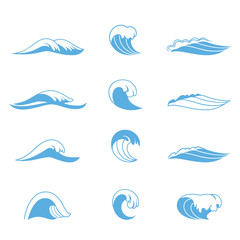  Ocean or sea waves, surf and splashes set curling and breaking in a pretty turquoise blue for marine and nautical themed concepts, vector illustration on white