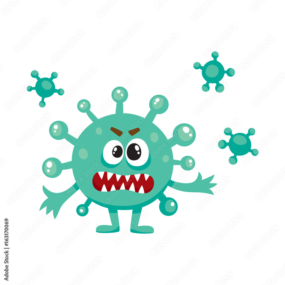 Wall mural Ugly green virus, germ, bacteria character with human face, cartoon vector illustration on white background. Scary bacteria, virus, germ monster with human face and sharp teeth - Wall murals