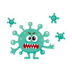 Ugly green virus, germ, bacteria character with human face, cartoon vector illustration on white background. Scary bacteria, virus, germ monster with human face and sharp teeth
