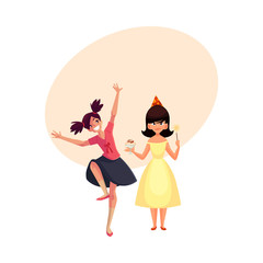 Birthday girl with ice cream and magic wand and her friend dancing at party, cartoon vector illustration with space for text. Happy girls having fun at birthday party