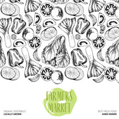 Vector hand drawn farm vegetables. Pattern border composition. Tomato, onion, cabbage, pepper, leek. Engraved art. Organic sketched vegetarian objects.
