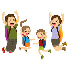 Obraz premium Happy family jumping on mountain travel vacation