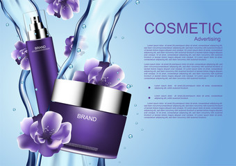 Cosmetic product with falling purple flowers and pouring water , Vector purple cosmetic collection