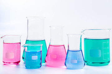 Chemical and Medical laboratory research.  glassware with colorful liquids and reagents. laboratory...