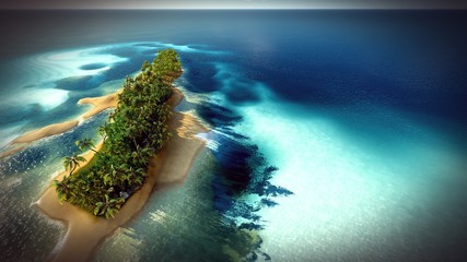 Panele Szklane Podświetlane  Small tropical island in Maldives atoll from aerial view 3d rendering