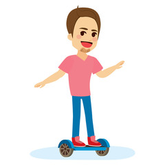 Young man standing riding on self balancing electric scooter