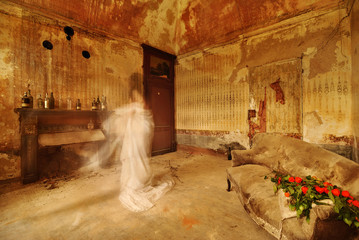 ghost of woman in an abandoned room, ghost in a ancient room