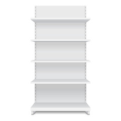 White Blank Empty Showcase Display With Retail Shelves. Front View 3D. Illustration Isolated On White Background. Mock Up Template Ready For Your Design. Product Packing Vector EPS10