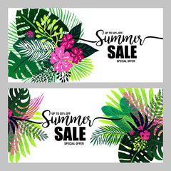 set of poster summer sale on a trendy tropical background, exotic palm bouquet. Card, label, flyer, banner design element. Vector illustration