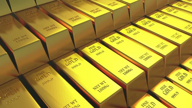 4k Gold bullion gold bars treasury wealth Ingot luxury finance goods trading,3D animation of stacked gold bars.