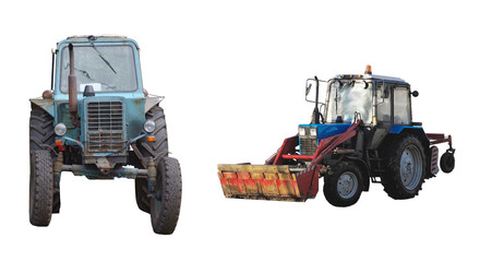 Tractors, era of the Soviet Union isolated on white background.