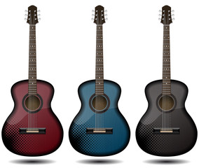 Guitar set isolated on white background. Classic guitar for Your business project. Black and red and blue wooden guitars. Vector Illustration