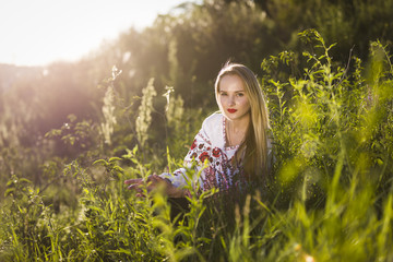 Young woman wearing Ukrainian Vyshyvanka blouse