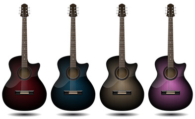 Guitar set isolated on white background. Classic guitar for Your business project. Black, red, blue, brown and pink wooden guitars. Vector Illustration