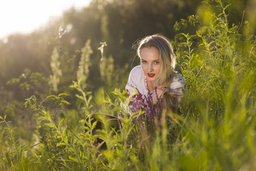 Young woman wearing Ukrainian Vyshyvanka blouse