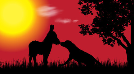 Naklejka premium Vector silhouette of dog with donkey in nature at sunset.