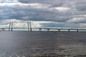 Cable-stayed bridge over Korabelny fairway - part of the Western high-speed diameter in Saint-Petersburg.