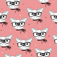 seamless pattern with Black and white vector sketch of a dog. Vector Illustration