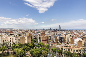 Barcelona cityscape with park Gaudi carrer de Mallorca modern buildings and sea